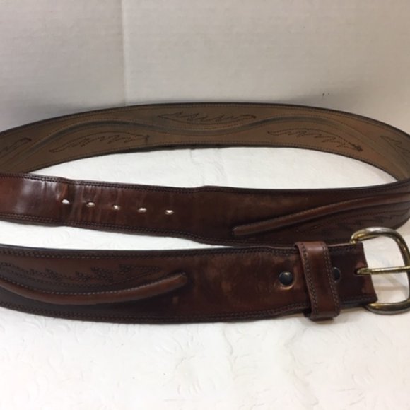 Original Larry Malan's Leegin Brown Leather Stitched Overlay Rodeo Belt Size 44 - Picture 4 of 14